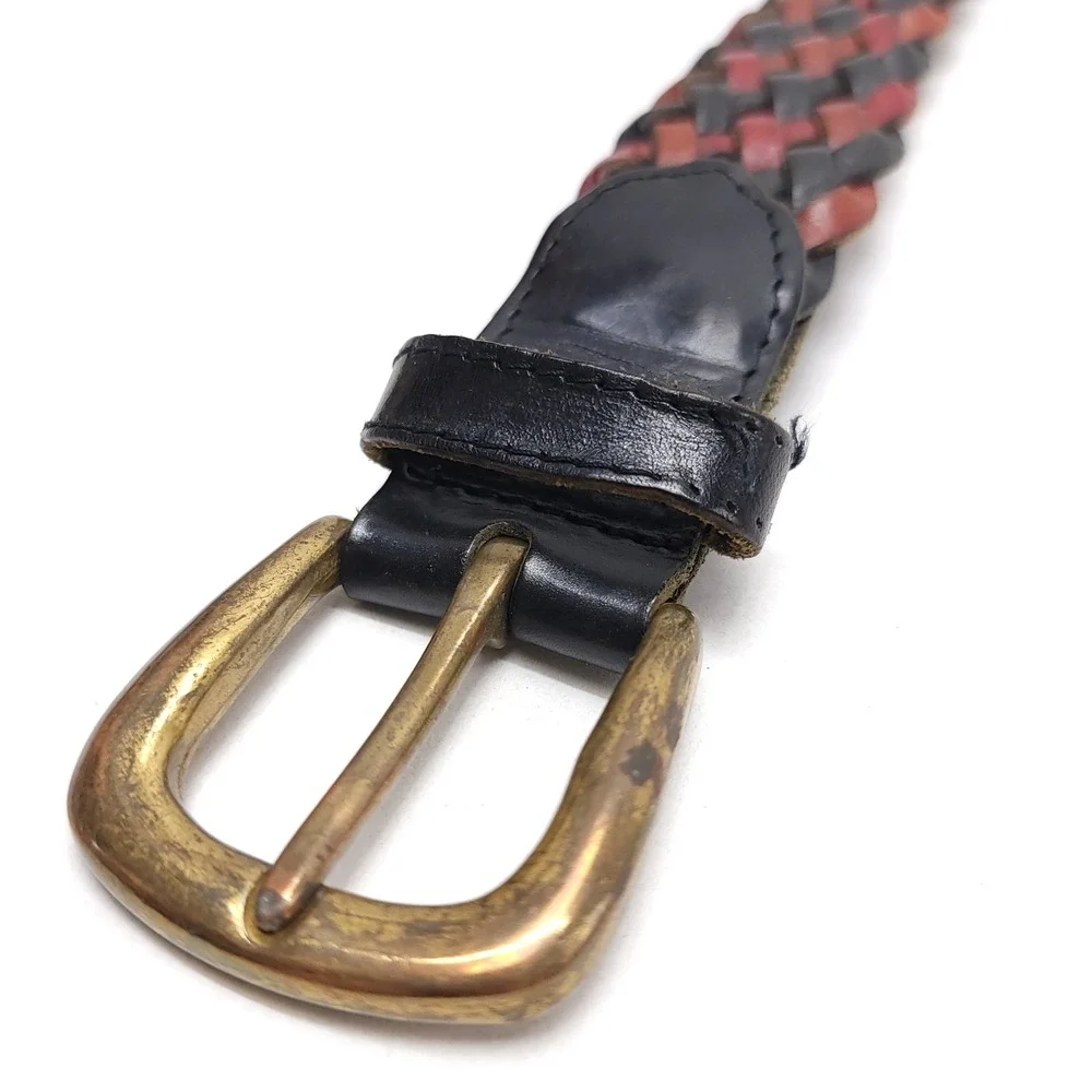 Nordstrom Braided Leather Belt Black Burgundy Brown Woven Brass Buckle Size M 28